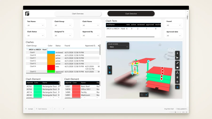 Power BI clash report with markers displayed in the Frame model viewer