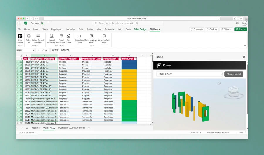 BIM model color coded from Excel conditional formatting
