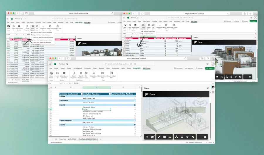 BIM model properties exported into Excel for analysis