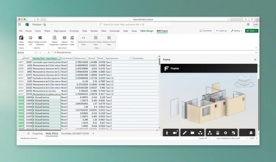 Excel filters synced with BIM model data