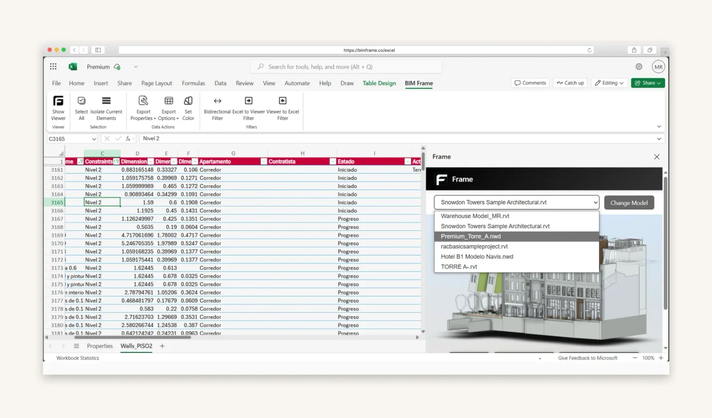 Frame Excel integration showing model properties in a spreadsheet alongside the Frame model viewer