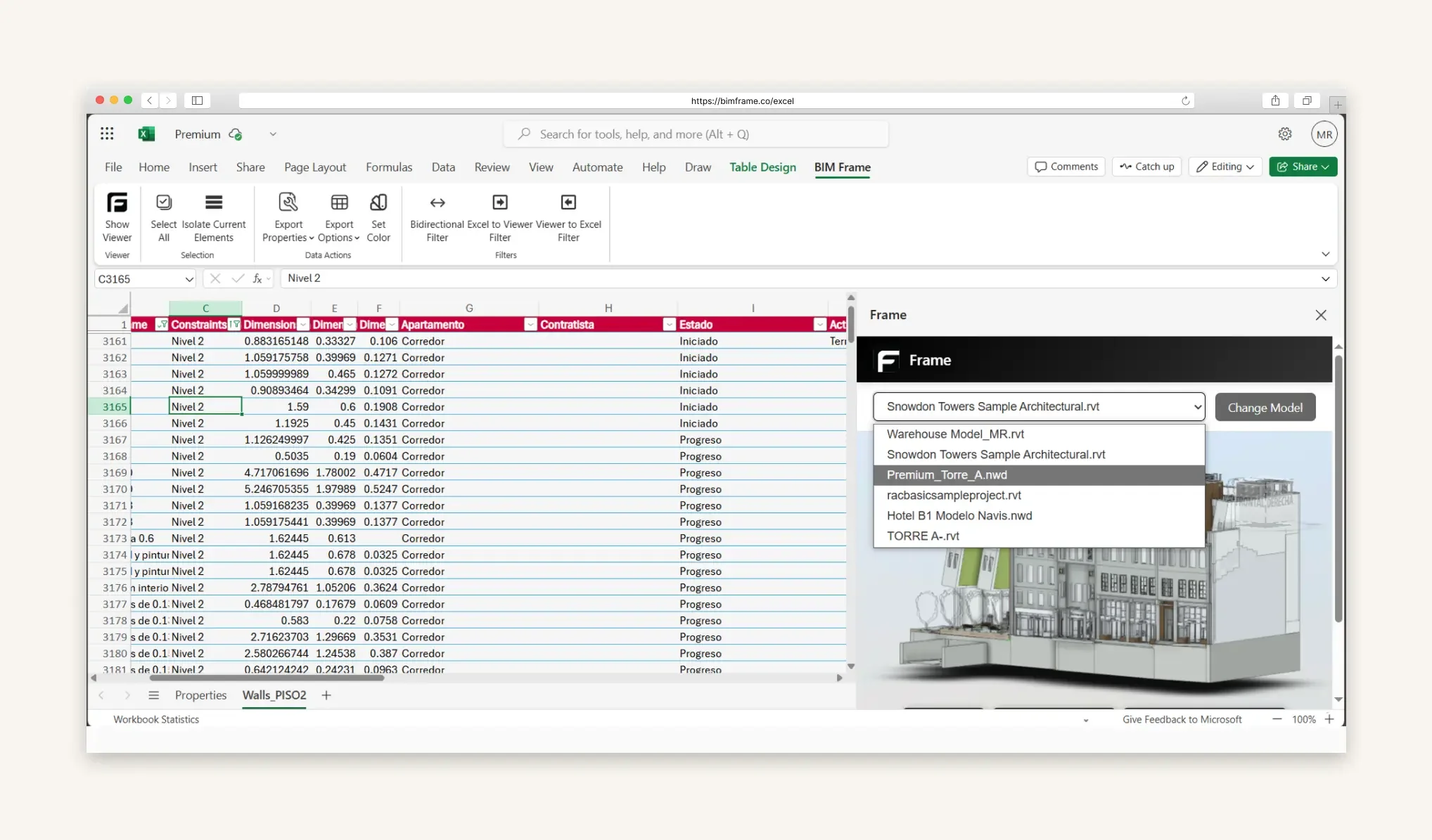 Frame Excel integration showing model properties in a spreadsheet alongside the Frame model viewer