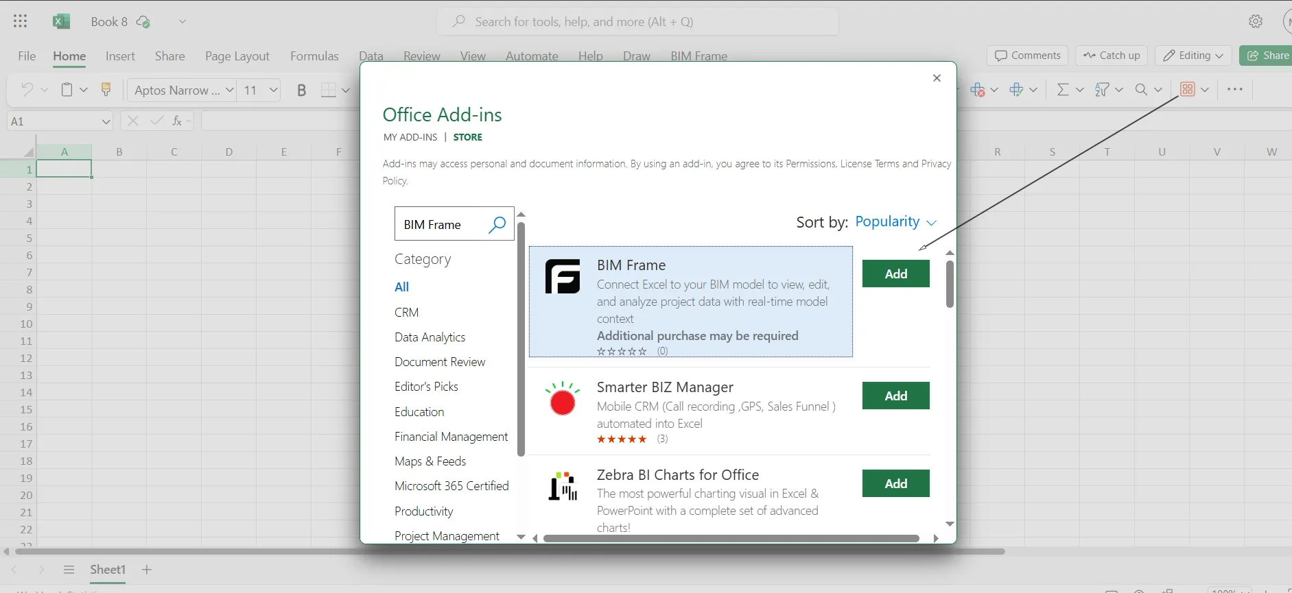 Add In Excel Frame