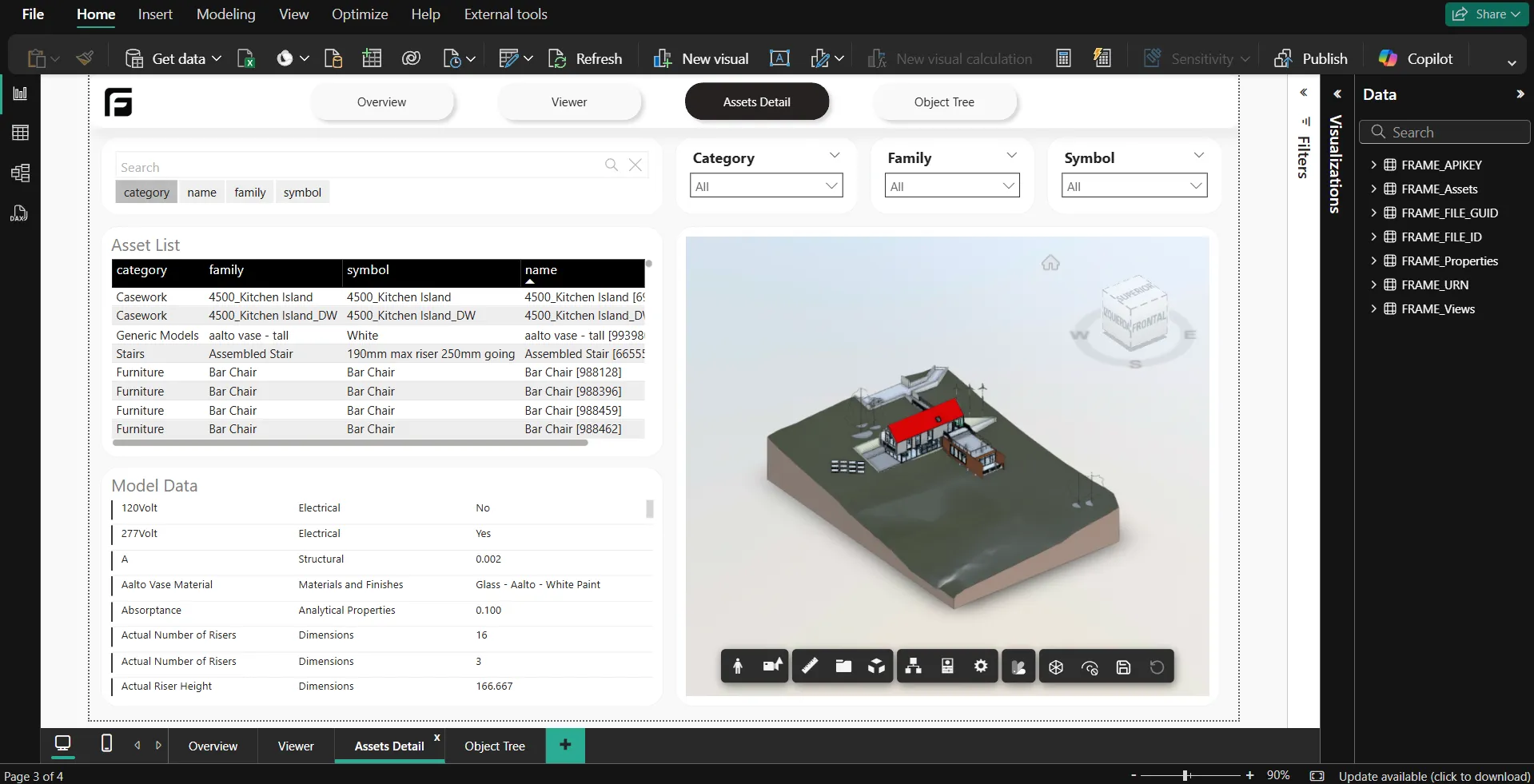 Frame Power BI assets detail page with model objects, properties, filters, and viewer context