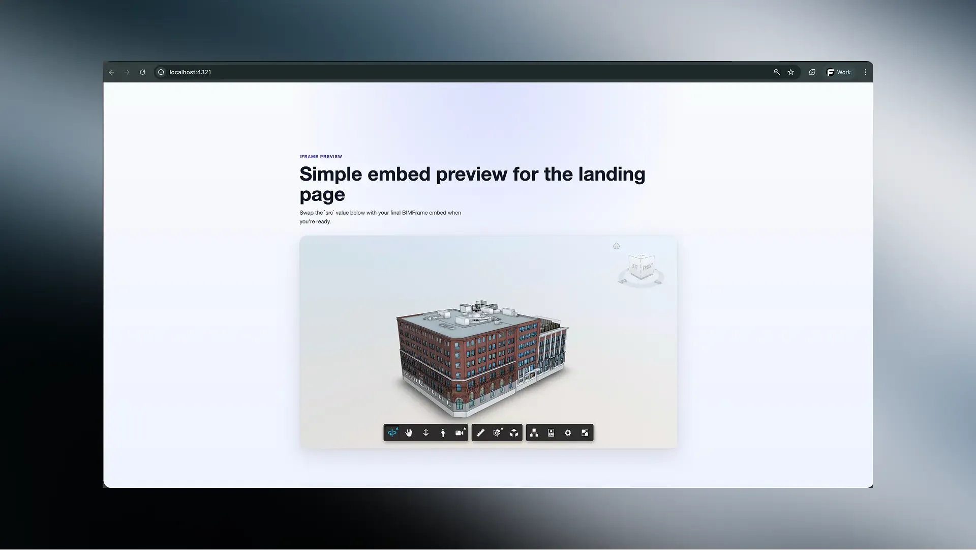 Embedded Frame BIM viewer preview inside a landing page