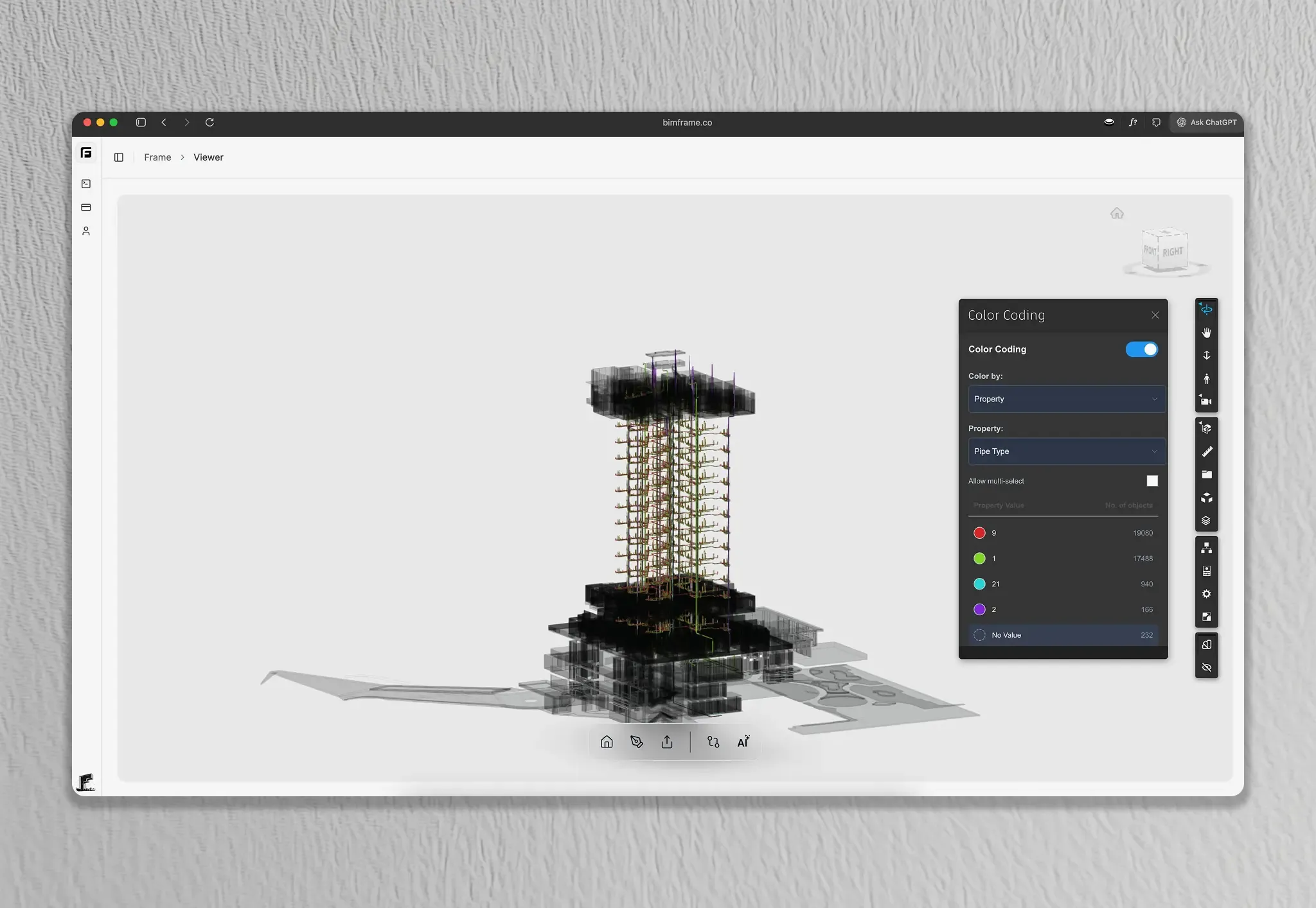 Frame viewer with a structural model coloured by pipe type from the colour coding panel