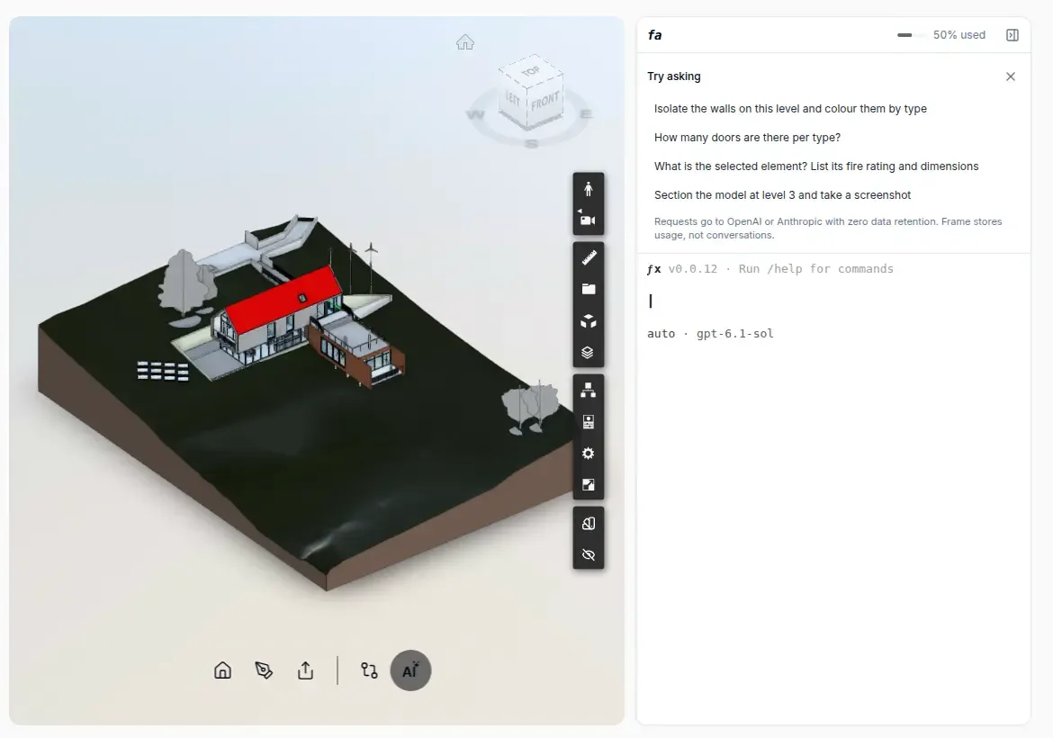 The Frame agent panel docked next to the 3D viewer, showing example requests and the usage meter