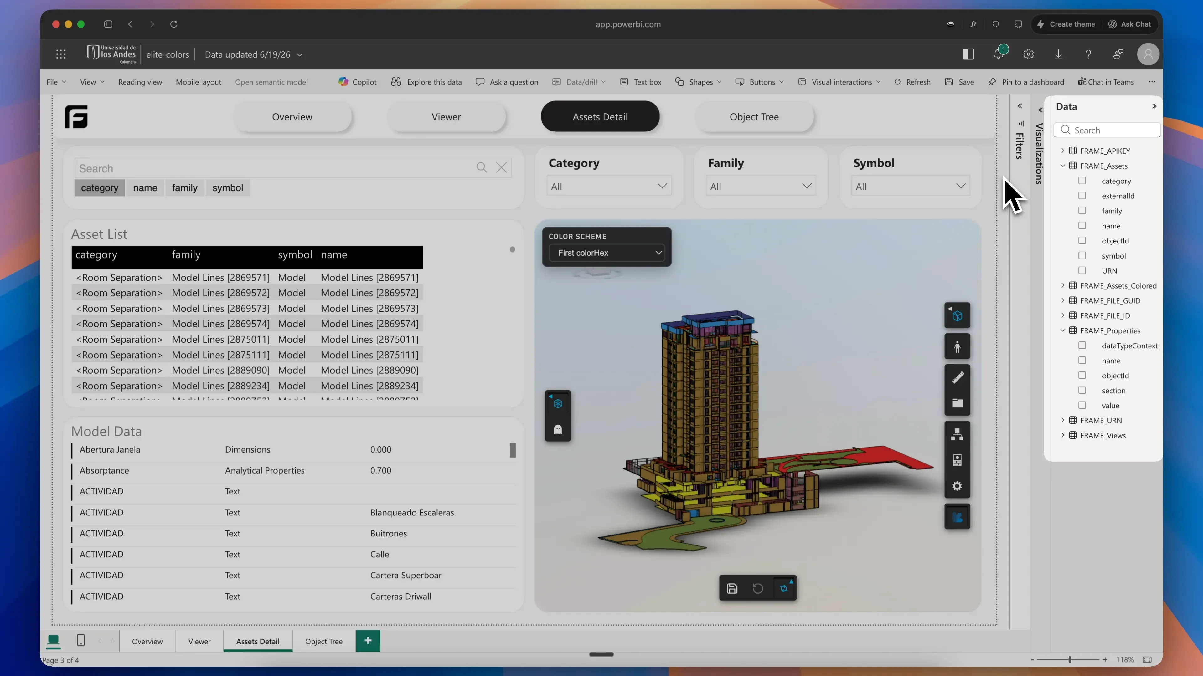 Frame Power BI report showing Assets Detail, model properties, and FRAME Assets and Properties queries