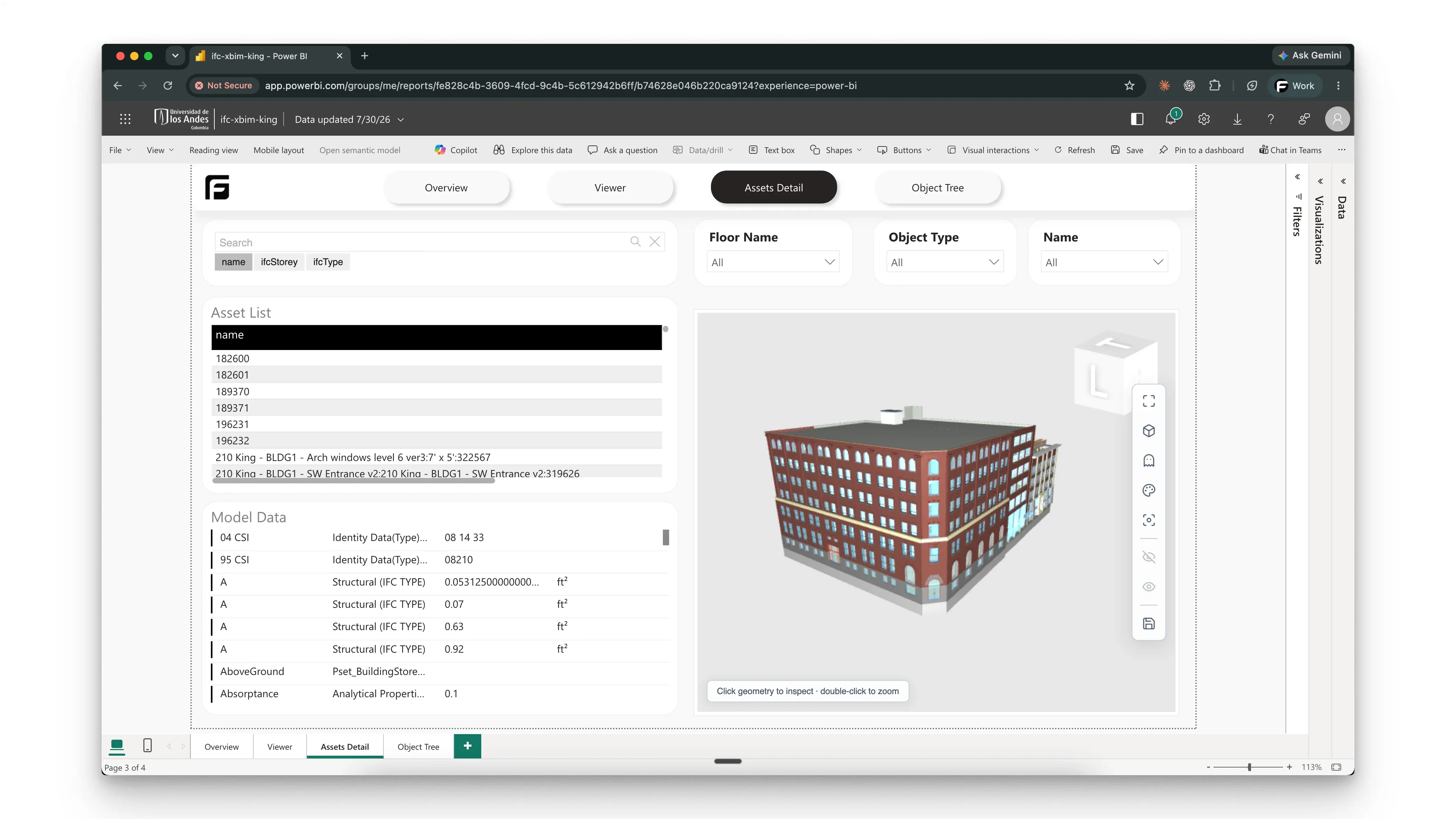 Frame-engine IFC model displayed beside its asset properties in the Power BI starter report