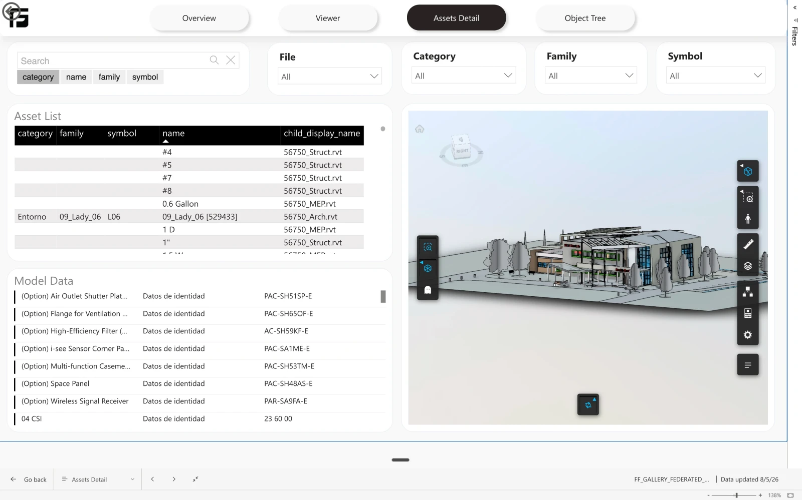 Frame Federated Reports view in Power BI showing source-model filters, federated asset data, and the combined 3D model