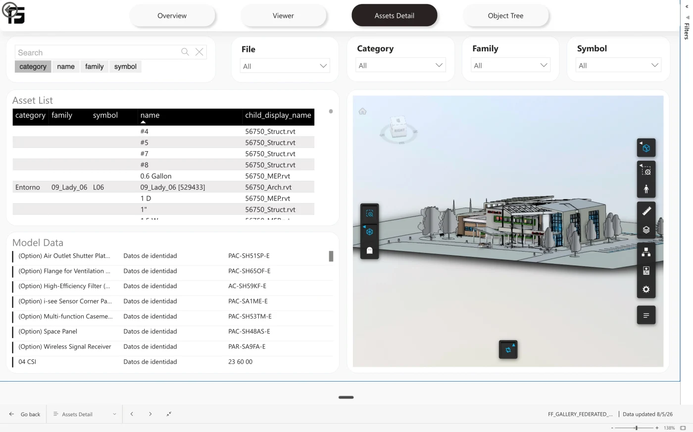 Frame Federated Reports view in Power BI showing source-model filters, federated asset data, and the combined 3D model