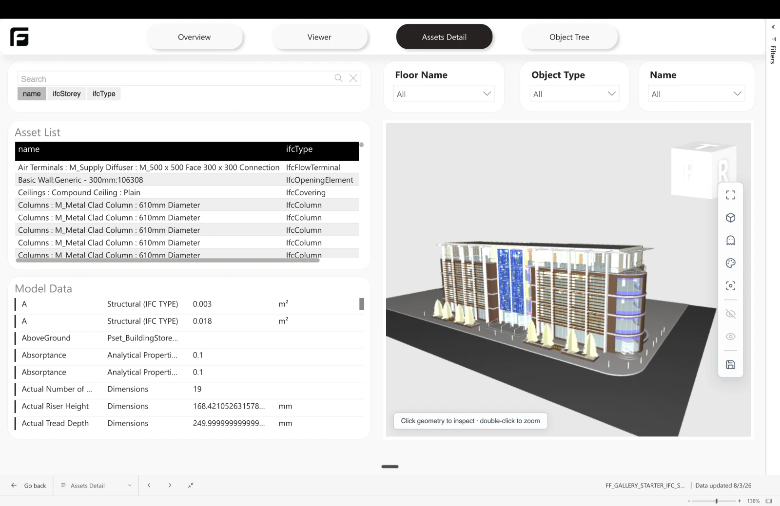 Frame IFC Starter report in Power BI showing IFC storey and type filters, element properties, and the embedded 3D model viewer