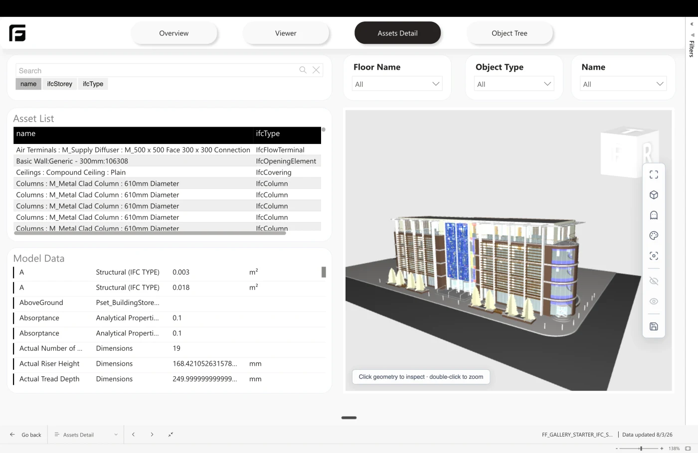 Frame IFC Starter report in Power BI showing IFC storey and type filters, element properties, and the embedded 3D model viewer