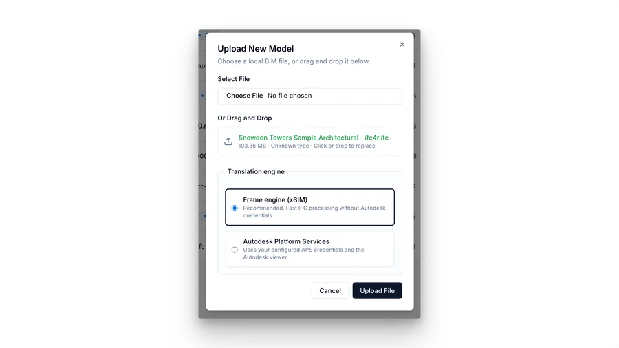 Frame upload dialog with an IFC file and the Frame engine selected