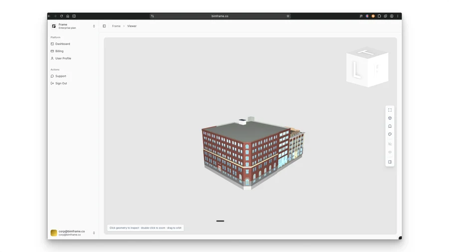 An IFC building open in the Frame web viewer