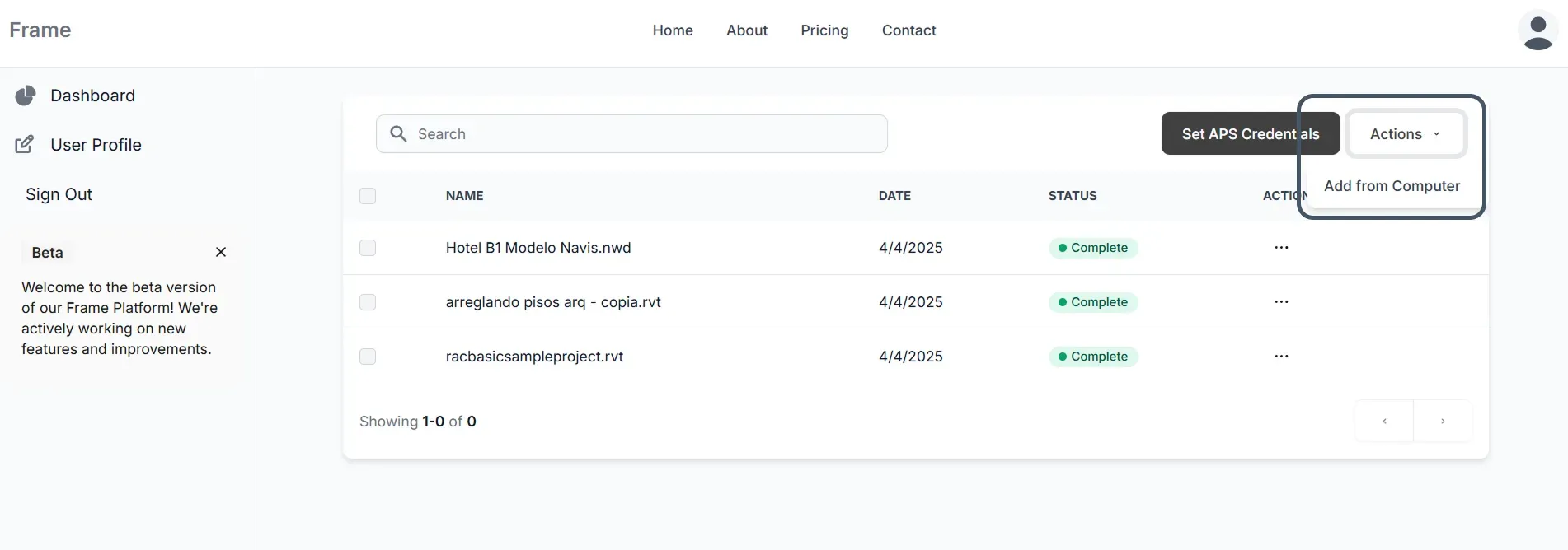 Frame Dashboard Interface