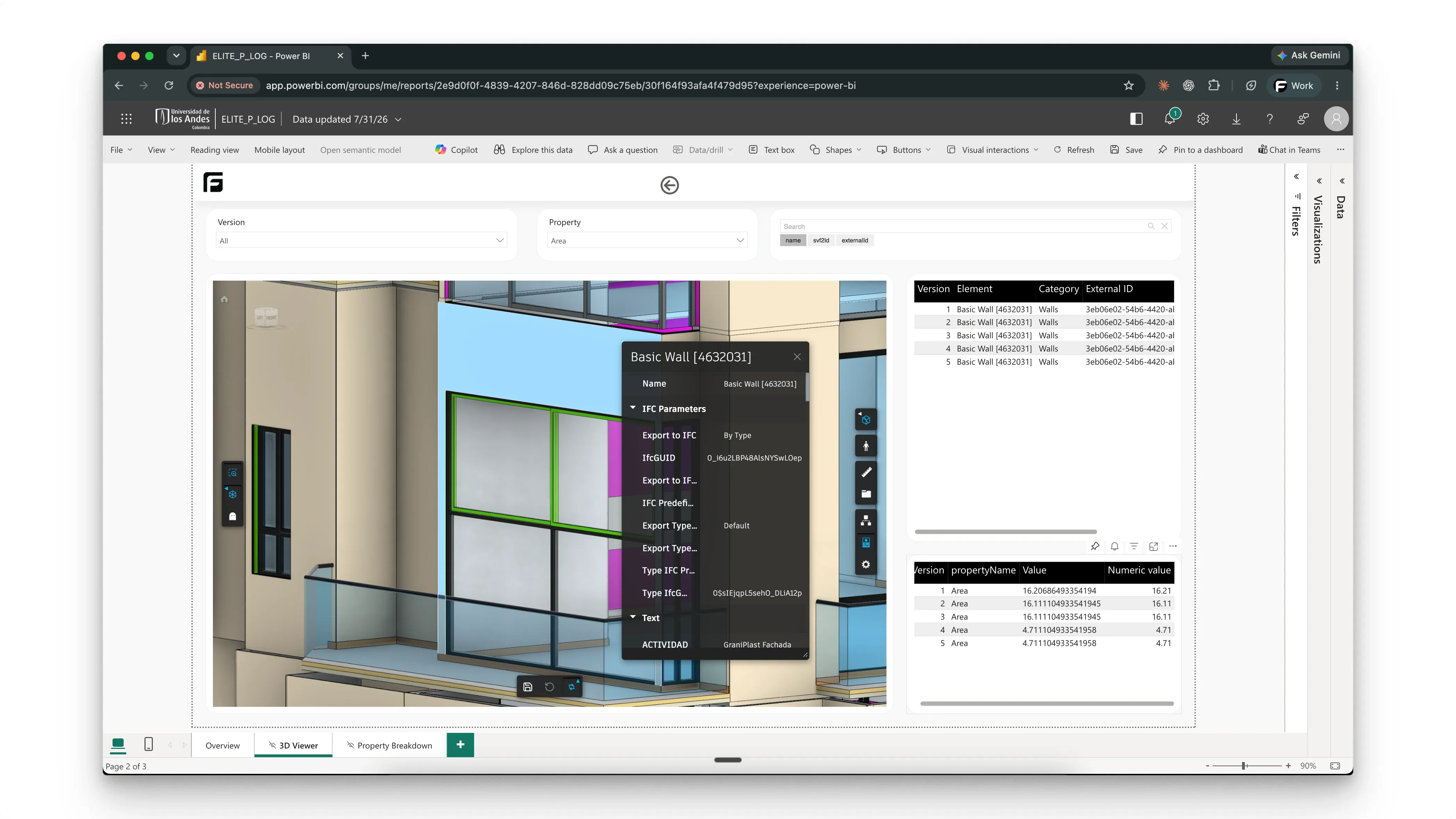 Power BI property-history report showing a selected model element in 3D and its values across versions