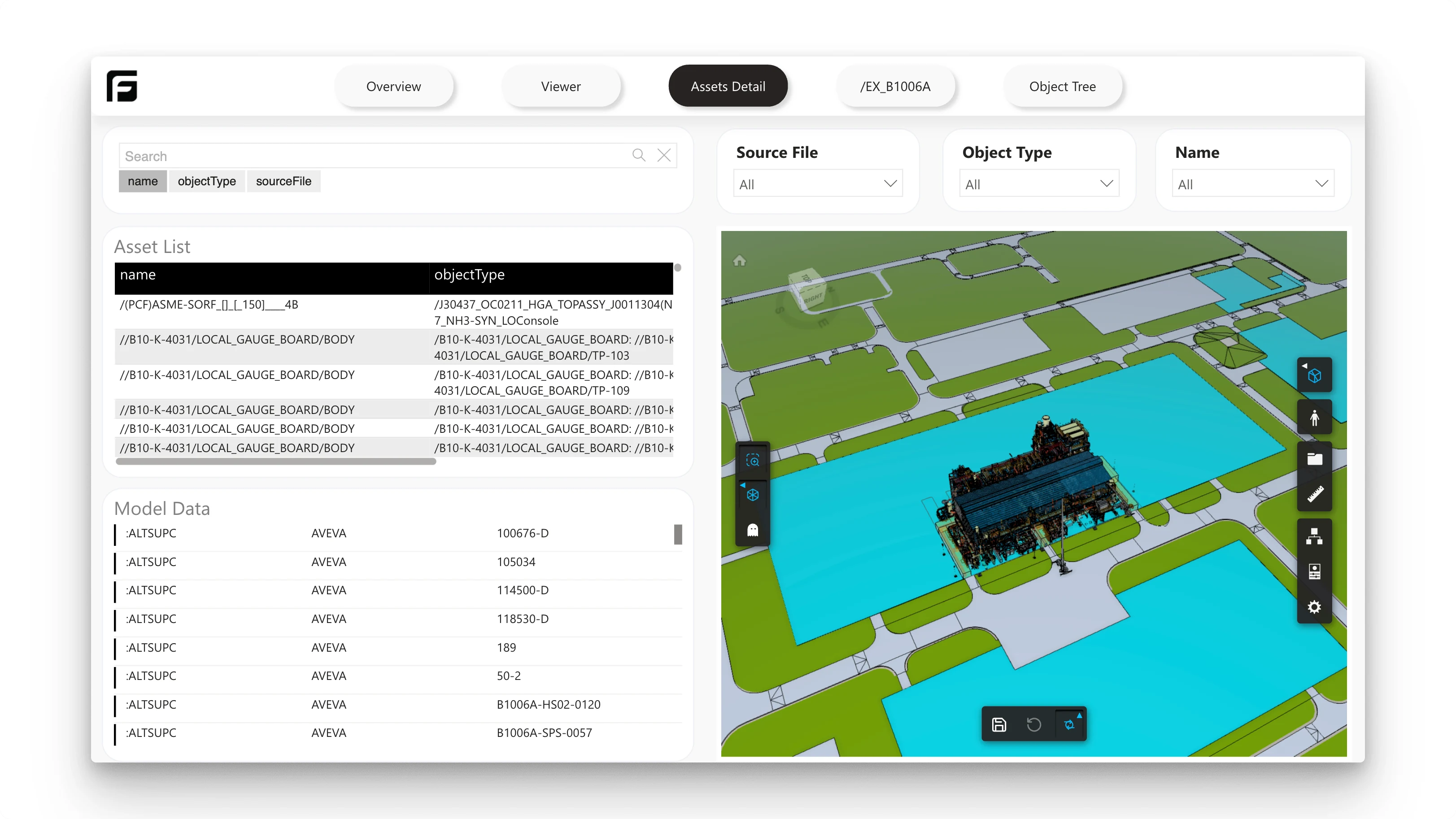 Power BI Assets Detail page with the Frame viewer showing a large industrial model