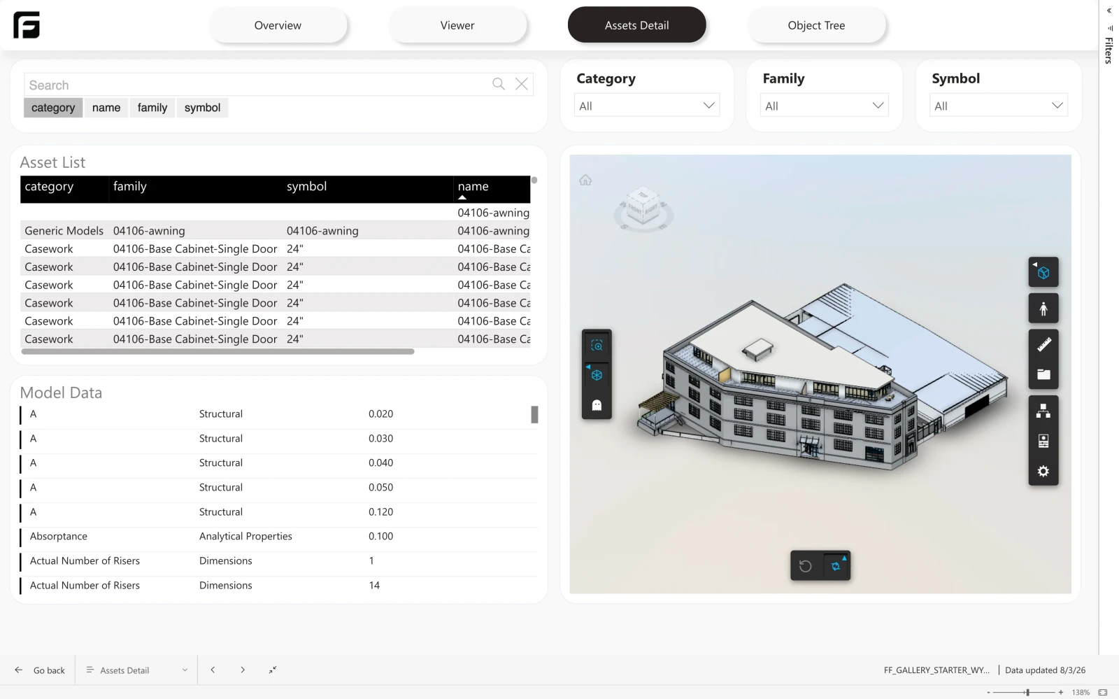 Frame Starter Template report in Power BI showing model overview, asset breakdown, and the embedded 3D viewer