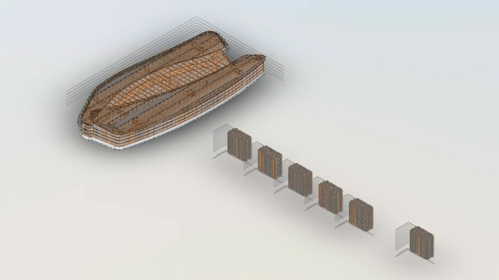 A structural tower model in the Frame viewer with its rebar shown in orange