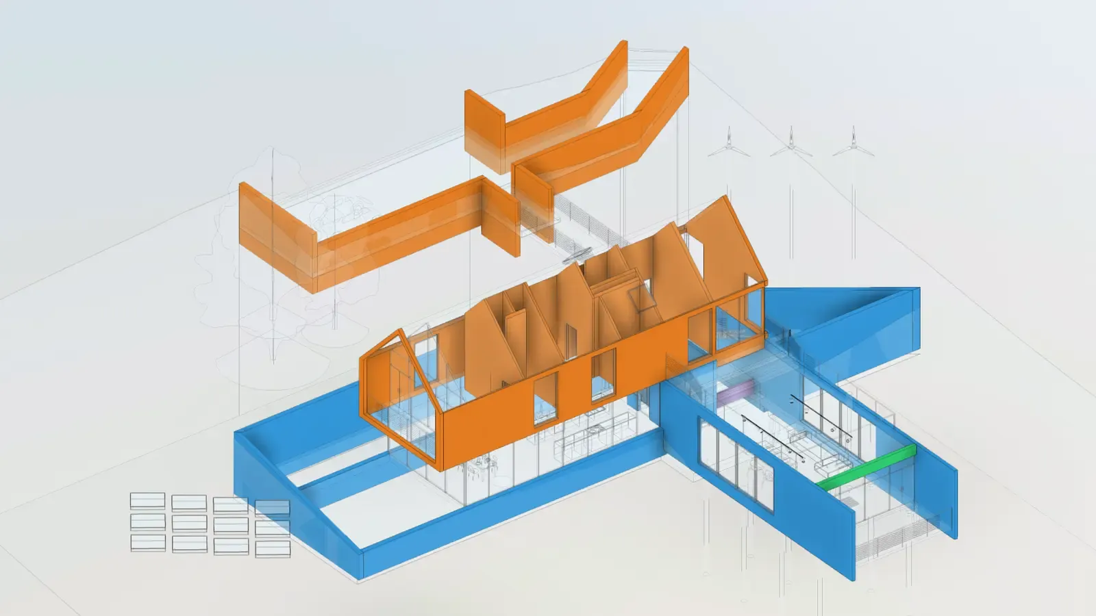 The Revit sample house in the Frame viewer with only its walls shown, blue on Level 1 and orange on Level 2